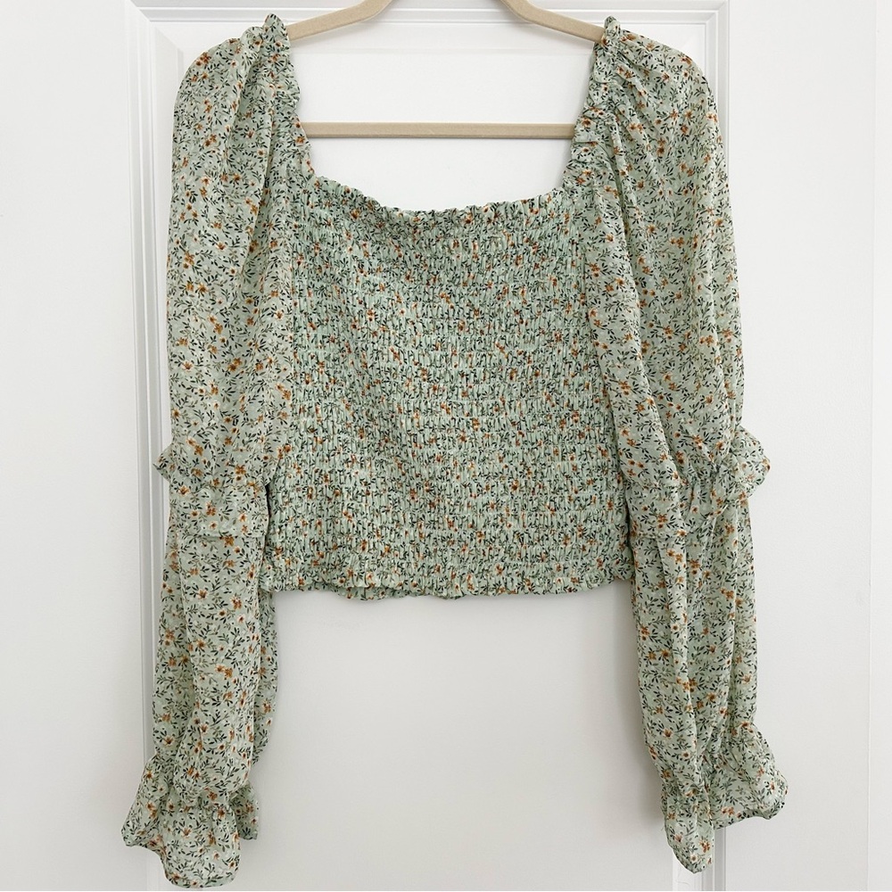 Floral Smocked Green Blouse Flowy Sheer Long Sleeves - Boho / Cottagecore